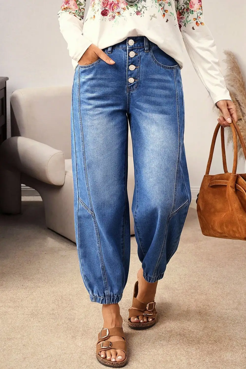 Buttons Front Tapered Casual Loose Fit Jeans
