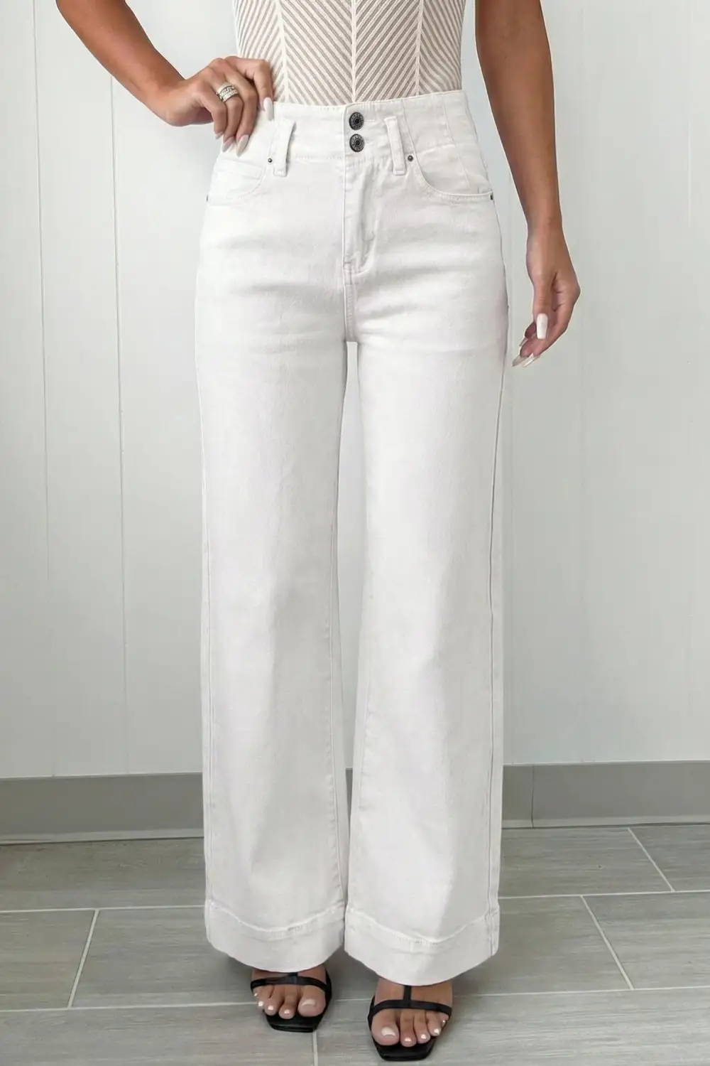 -button High Waist Wide Leg Jeans