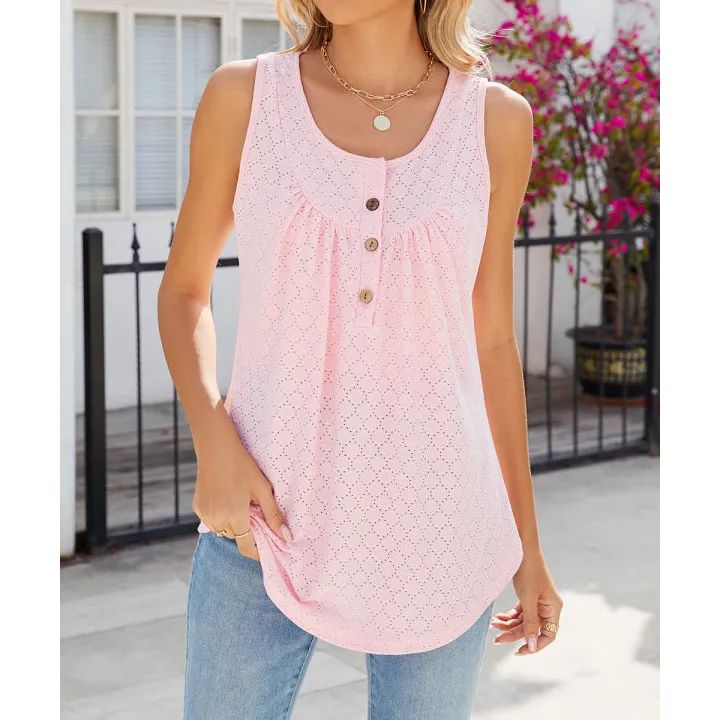 Eyelet Buttoned Round Neck Tank