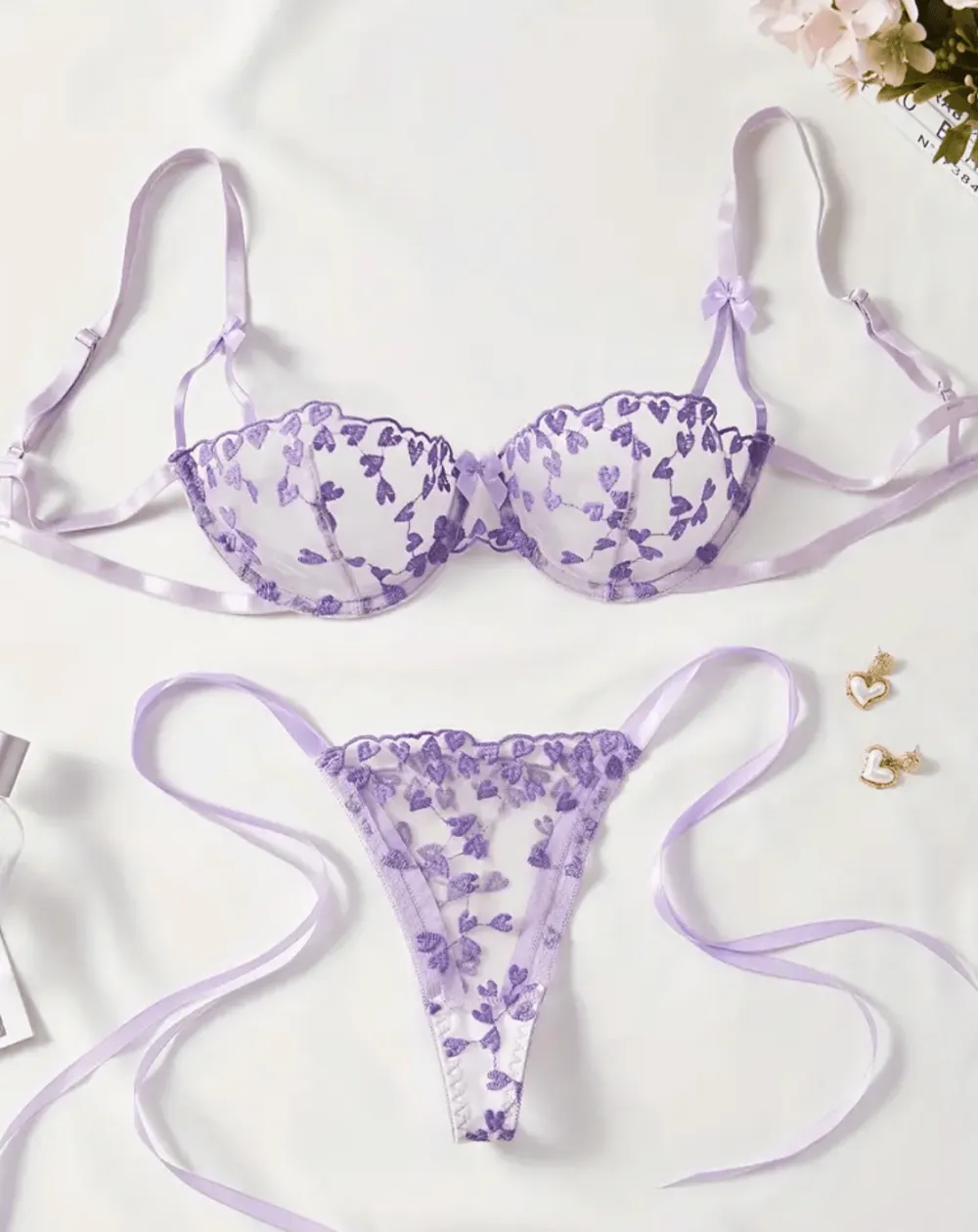Heart Embroidered Sheer Lingerie Set