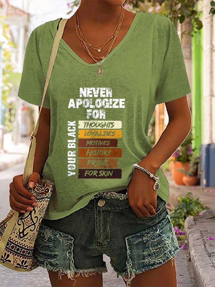 Women's Never Apologize For Your Black Thoughts Loyalties Motives History Pride For Skin V-Neck Short-Sleeved T-Shirt