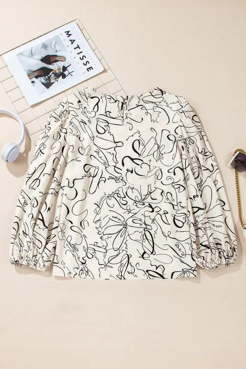 Abstract Print Crew Neck Puff Sleeve Blouse