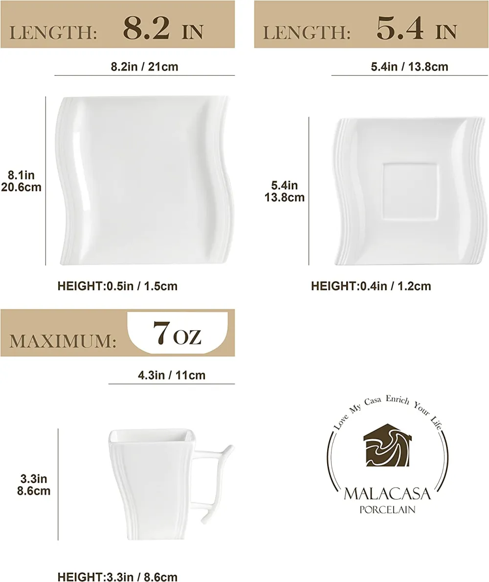 MALACASA Ivory White Dinnerware Sets, 60-Piece Square Dish Set for 12, Porcelain Dishes with Dinner Plates, Dessert Plates and Soup Plates, Cups and Saucers, Modern Dinnerware Oven Safe, Series Flora