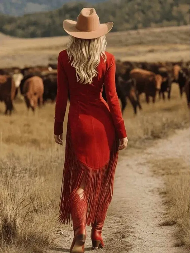 Women's Retro Embroidered Red Border Imitation Suede Deep V-Neck Zipper Dress
