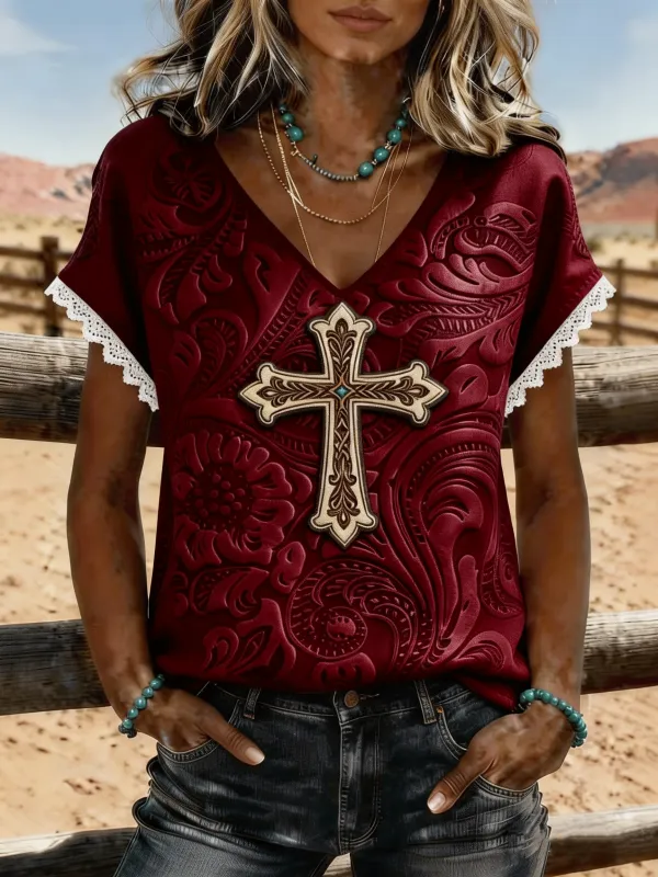Women's Western Cross Embossed Lace Trim V-Neck Tee