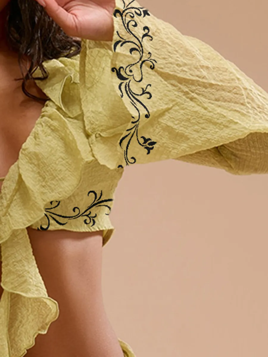 Chartreuse Textured Chiffon Ruffle Tie Front Blouse