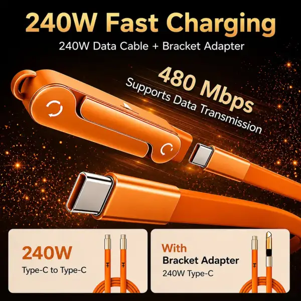 Invisible Holder Charger Cable with Stand,240w super fast charging 2-in-1 Fast ChargingCord & Phone Stand with Type-C charging cableBlack