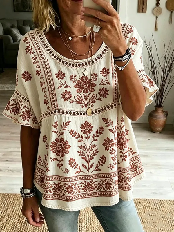 Women's Vintage Floral Print Trim Ruffle Sleeve Peasant Blouse