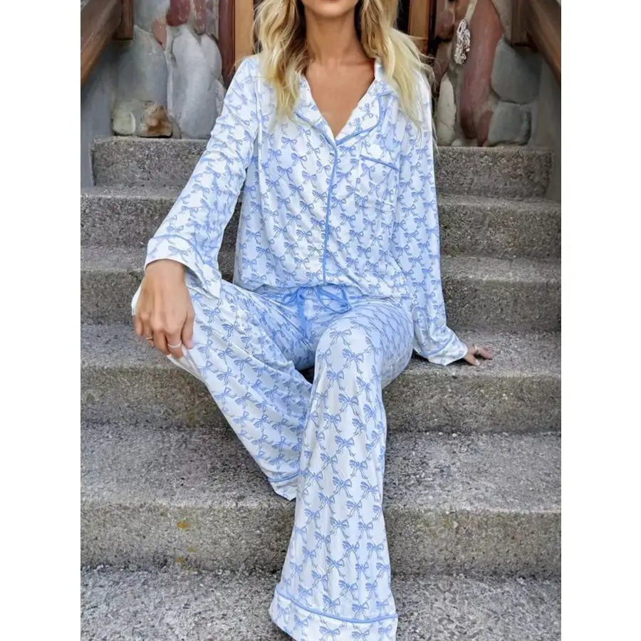 Bow Print Long Sleeve Shirt and Pants Pajama Set