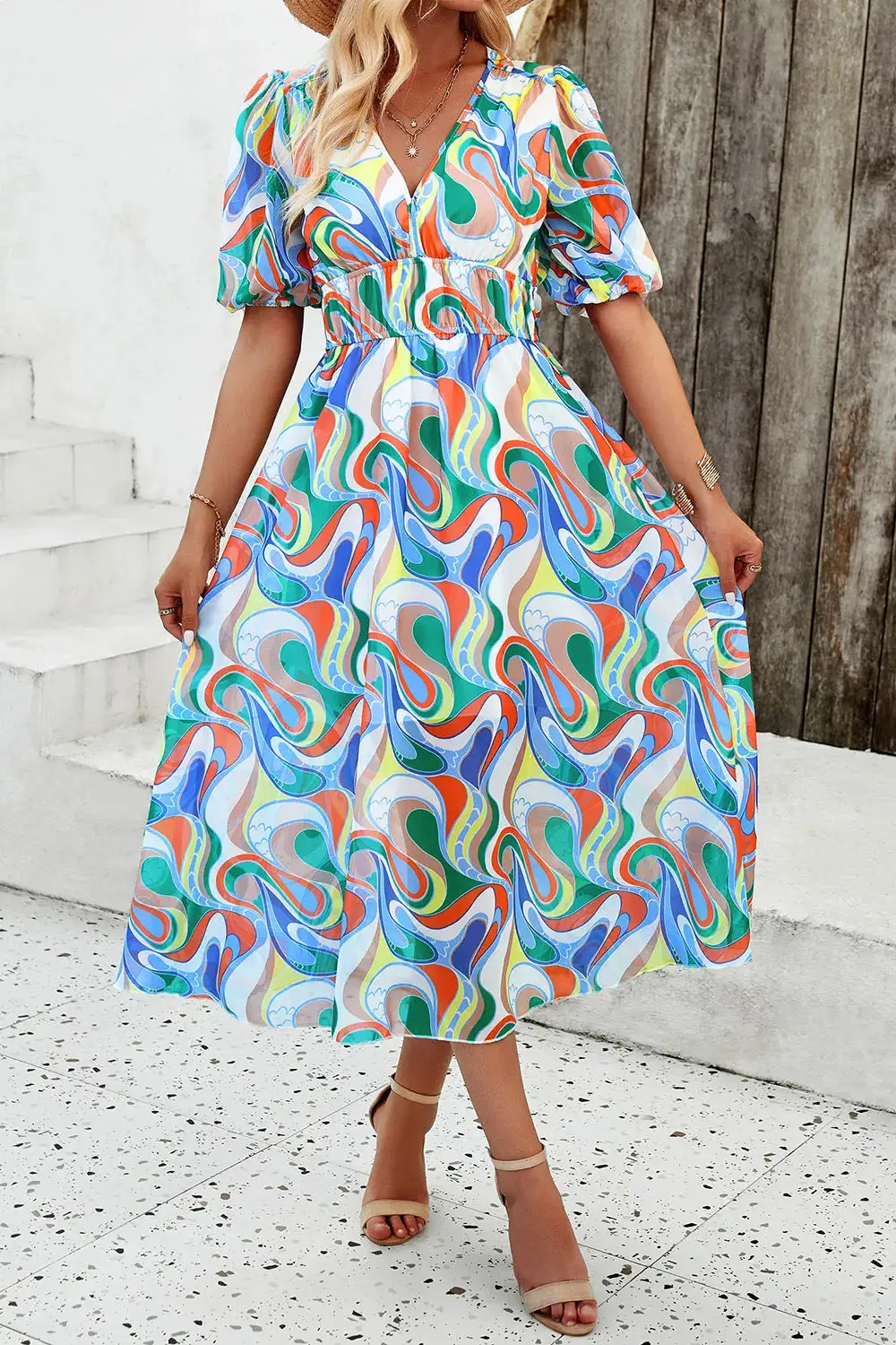 Smocked Printed V Neck Casual Dress