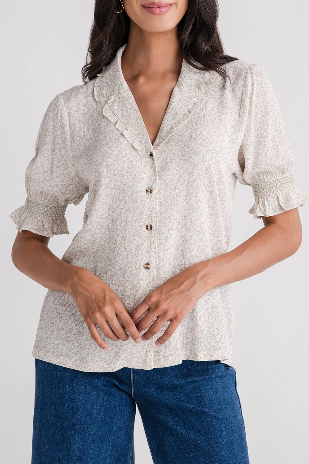 Hem & Thread Ditsy Print Smocked Sleeve Button Down Blouse - ivory/sage