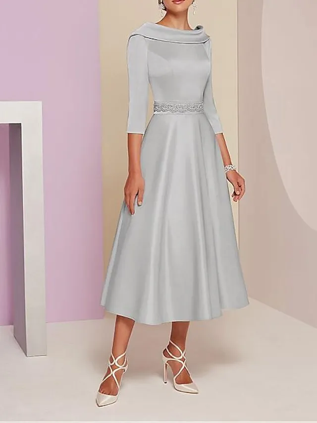 A-Line Mother of the Bride Dress Wedding Guest Elegant Vintage Plus Size Bateau Neck Tea Length Satin 3/4 Length Sleeve with Beading 2024