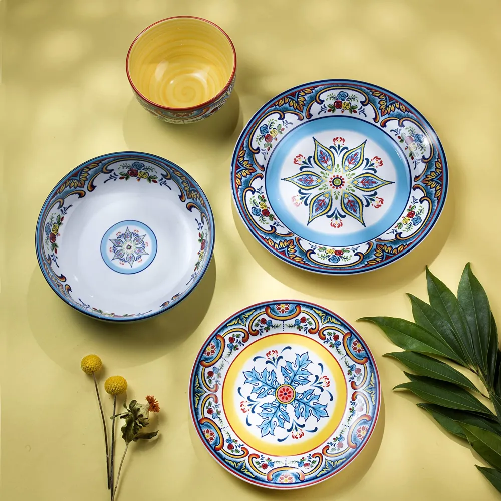 Euro Ceramica Zanzibar Double Bowl 16-Piece Dinnerware Set | Fine Kitchenware | Floral Multicolor Design Stoneware Tableware Service For 4