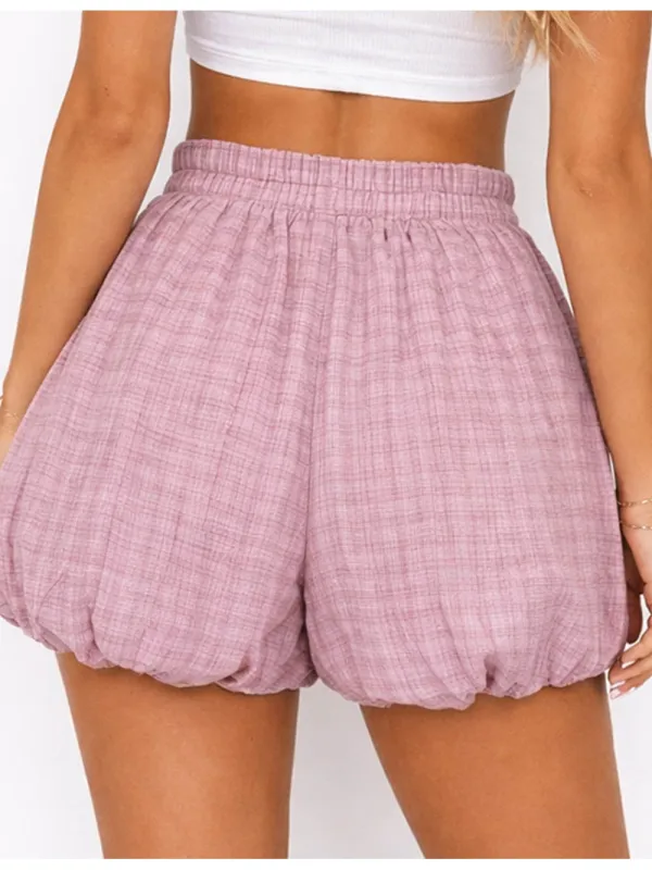 Puff Hem Checked Pattern Elastic Waist Balloon Shorts