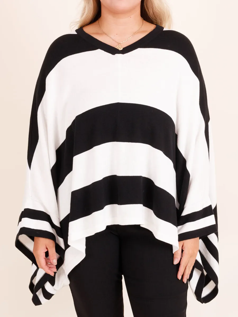 Black And White Striped Bat Sleeved Loose Fitting Sweater