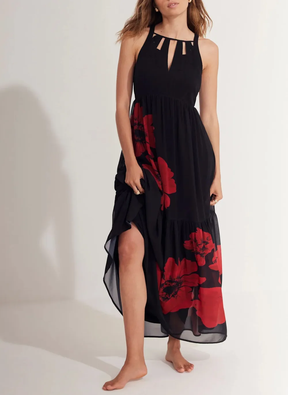 Casual Style Black Floral Print Maxi Dress