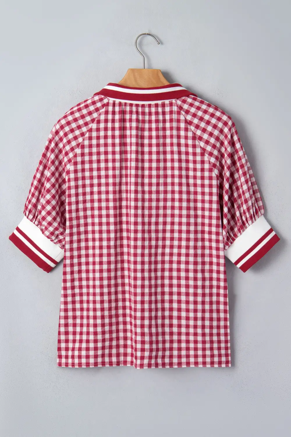 Red Gingham Striped Patchwork Half Zip Blouse