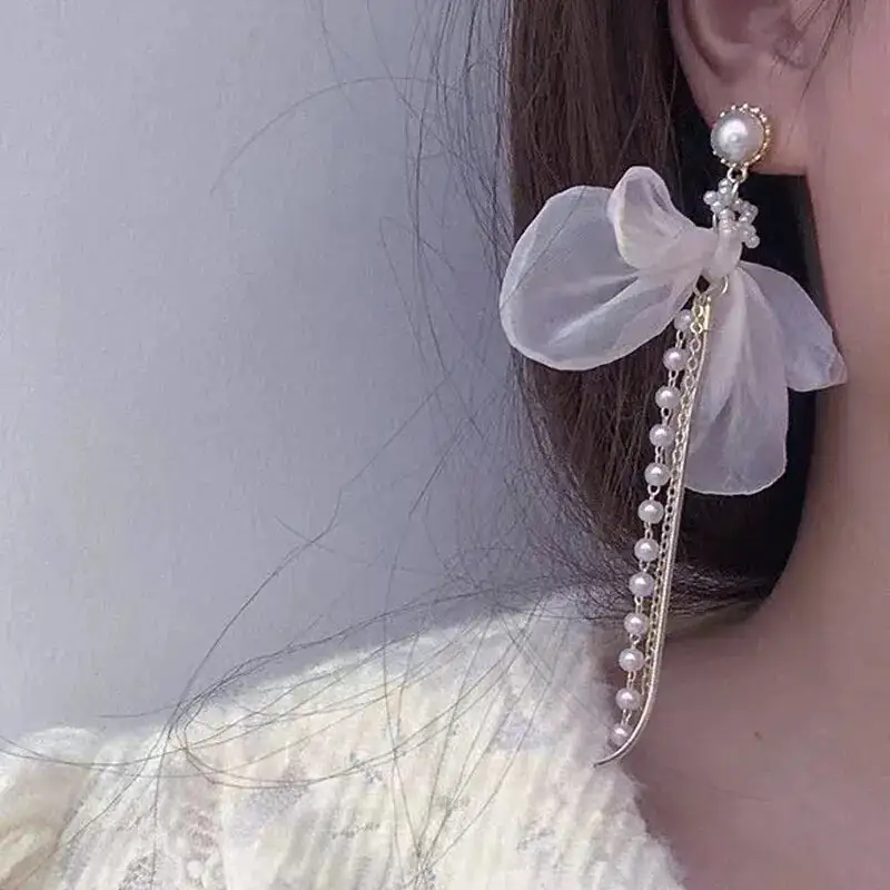 Sweet Lace Bow Pearl Tassel Fabric Stud Earrings