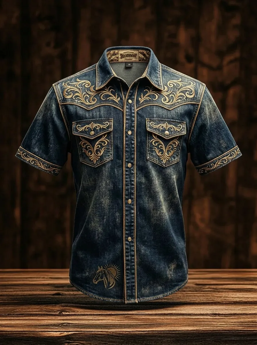 Men's Western Cowboy Horse Floral Embroidered Printed Shirt