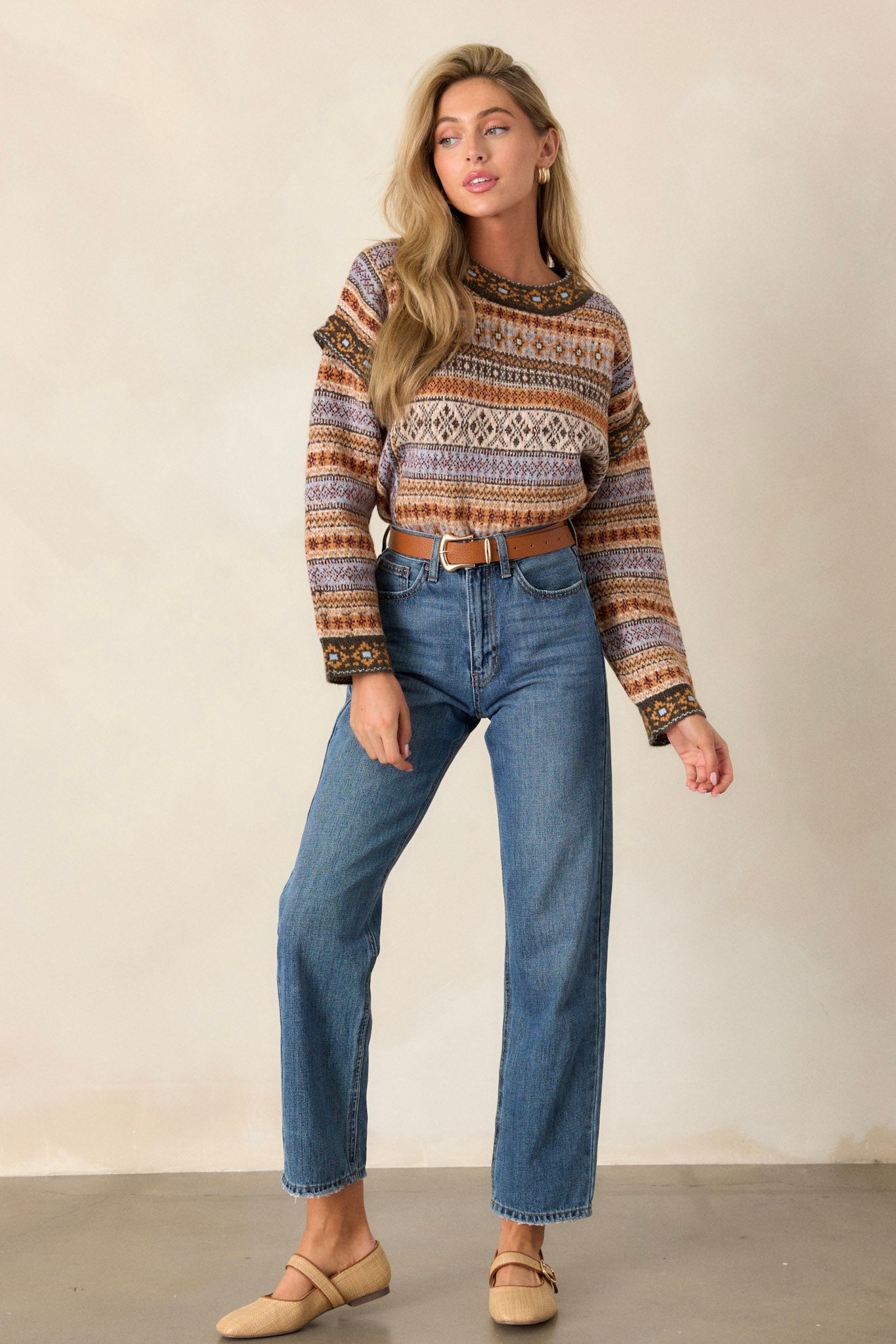 Wild Ride Light Brown Multi Fair Isle Print Sweater