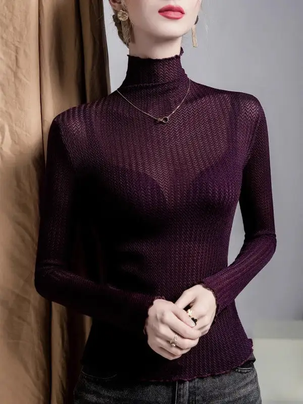 Long Sleeve Curve Fit Mesh Sheer Slightly Sheer Panel Detail High Neck T-Shirt