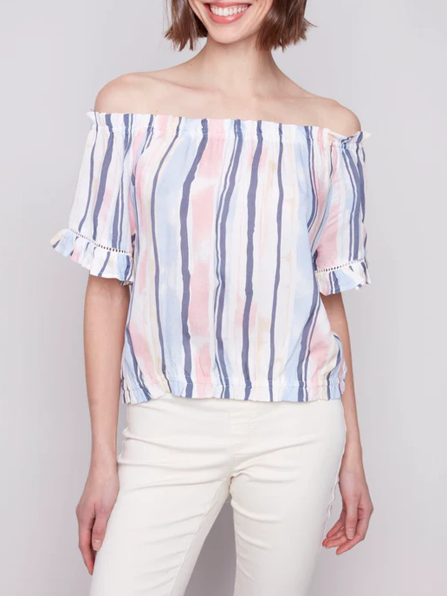 Striped High-End Off-Shoulder Short Sleeves