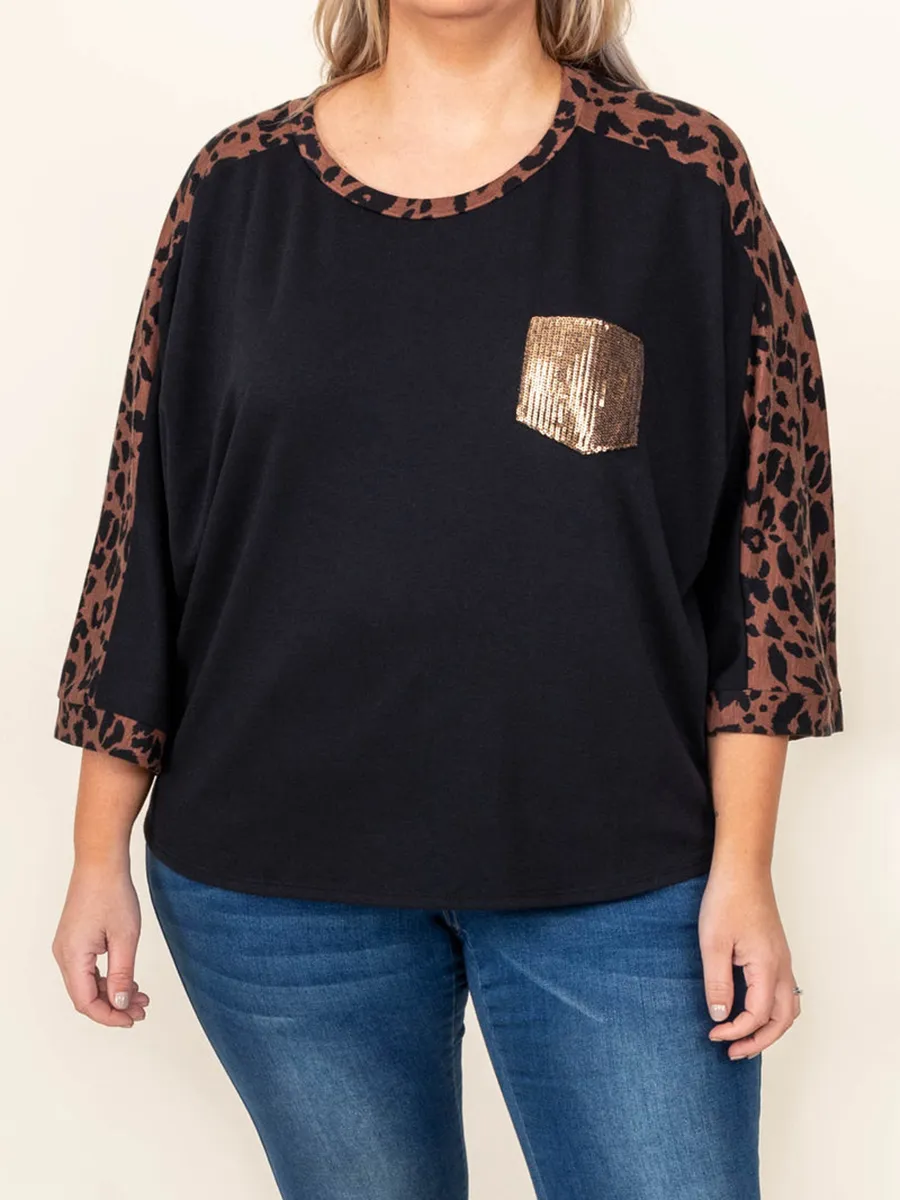 Spliced Leopard Patch Pocket Sequin T-Shirt