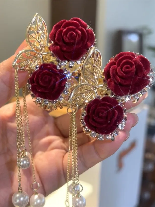 Women's Red Flocked Rose Grab Clips