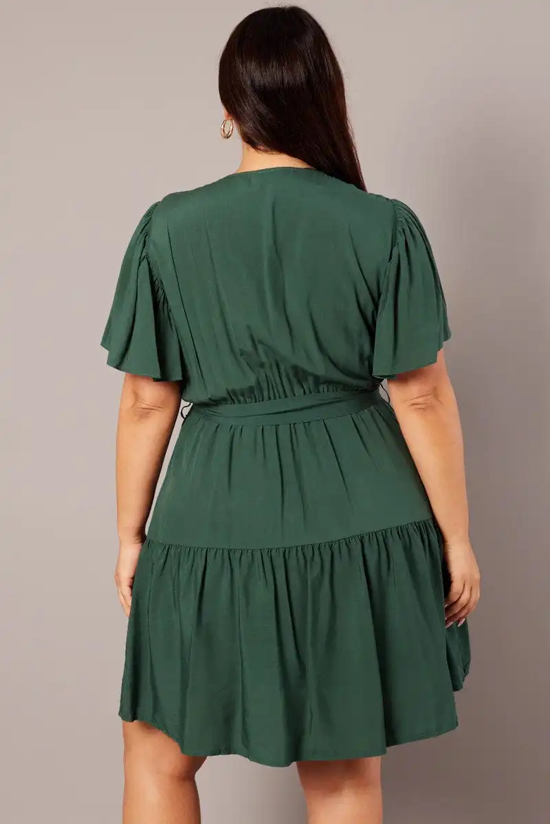 Green Wrapover Mini Dress Flare Sleeve Tie Waist