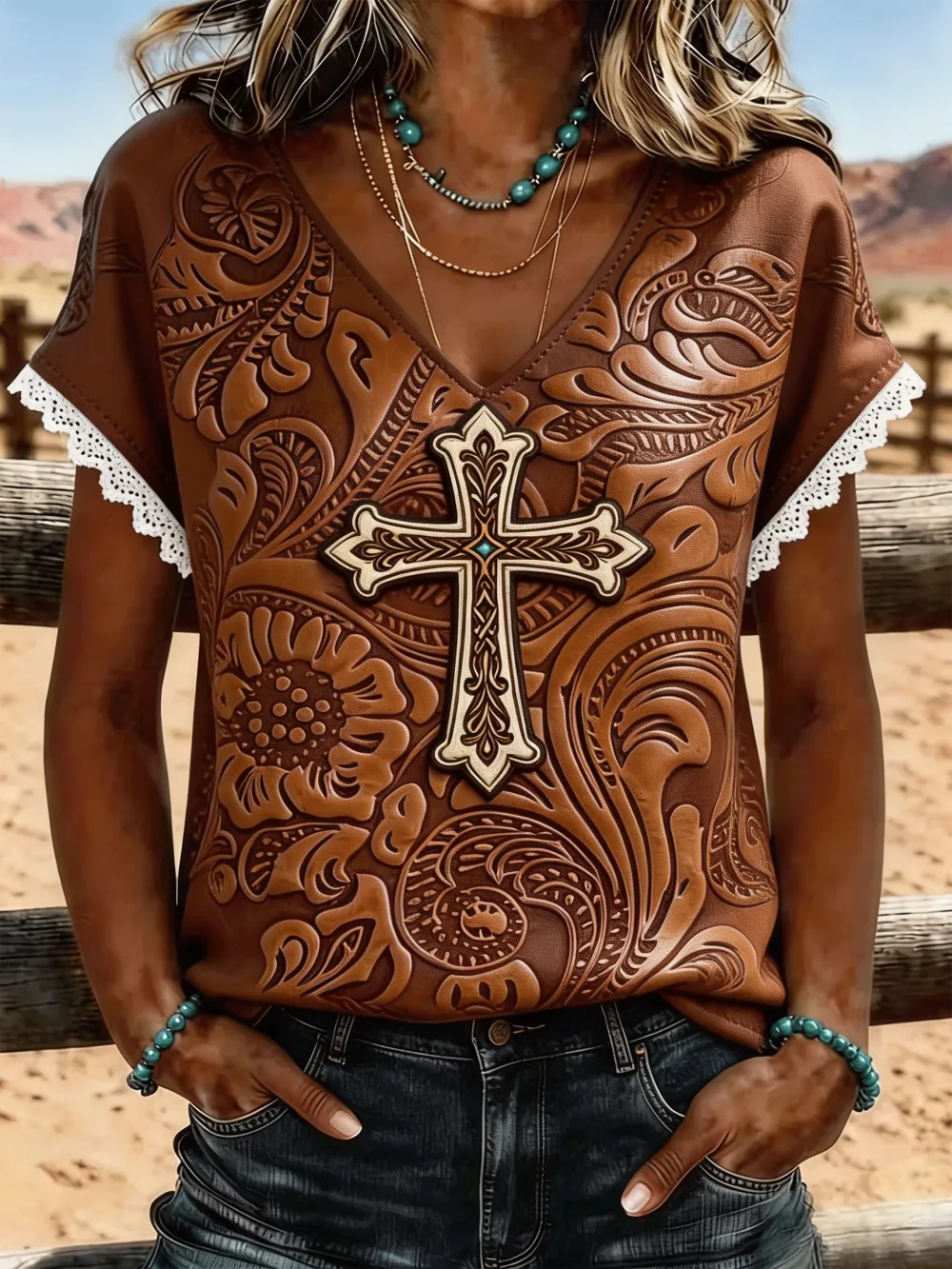 Women's Western Cross Embossed Lace Trim V-Neck Tee