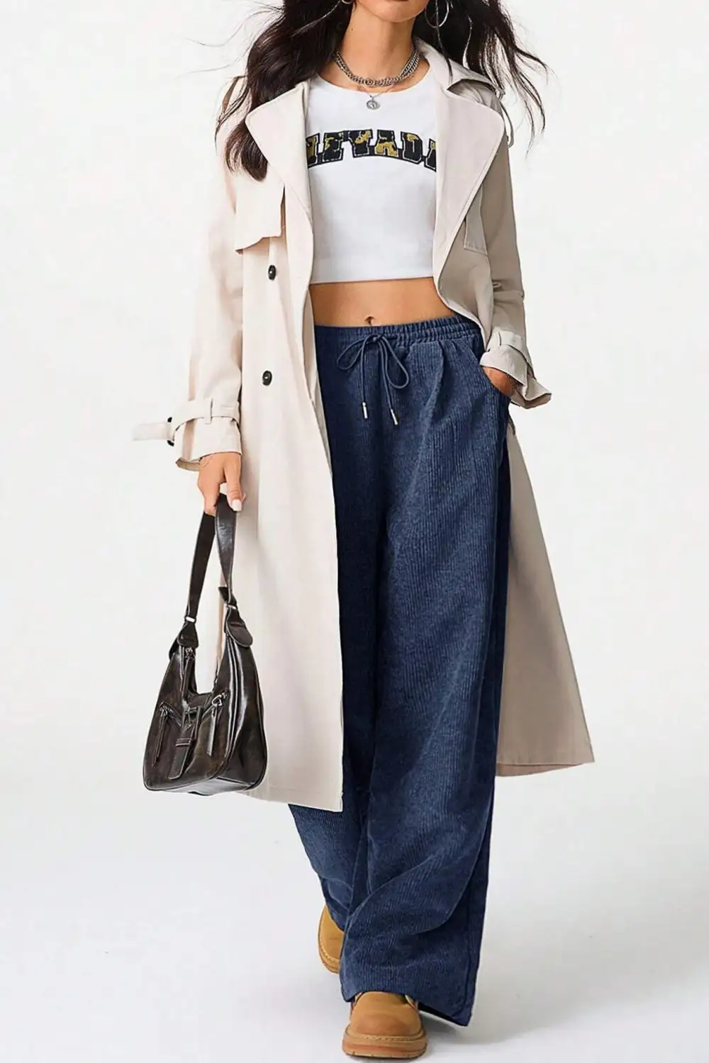 Drawstring Flannel Wide Leg Pants