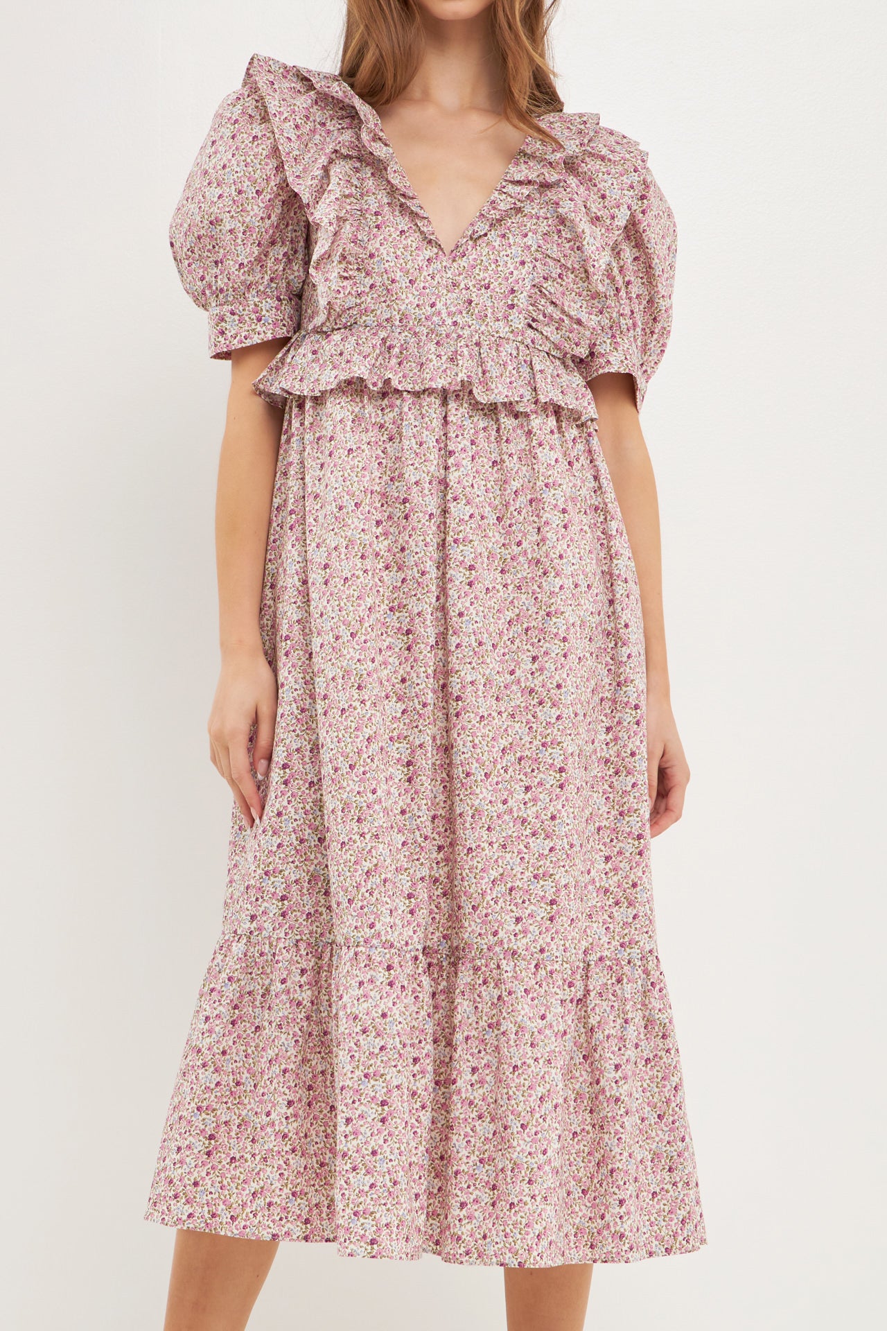 Cotton Floral Ruffled Midi Dress