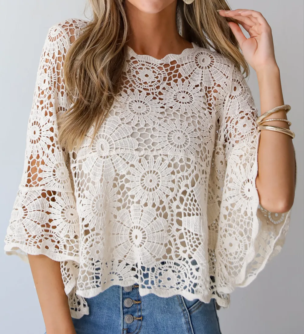 Sincerely Marvelous Ivory Crochet Knit Top