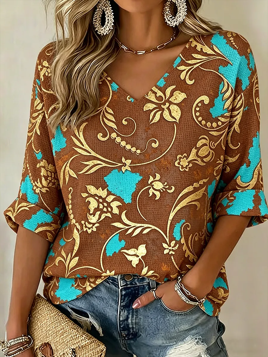 Women's Retro Printed Casual V-Neck Top