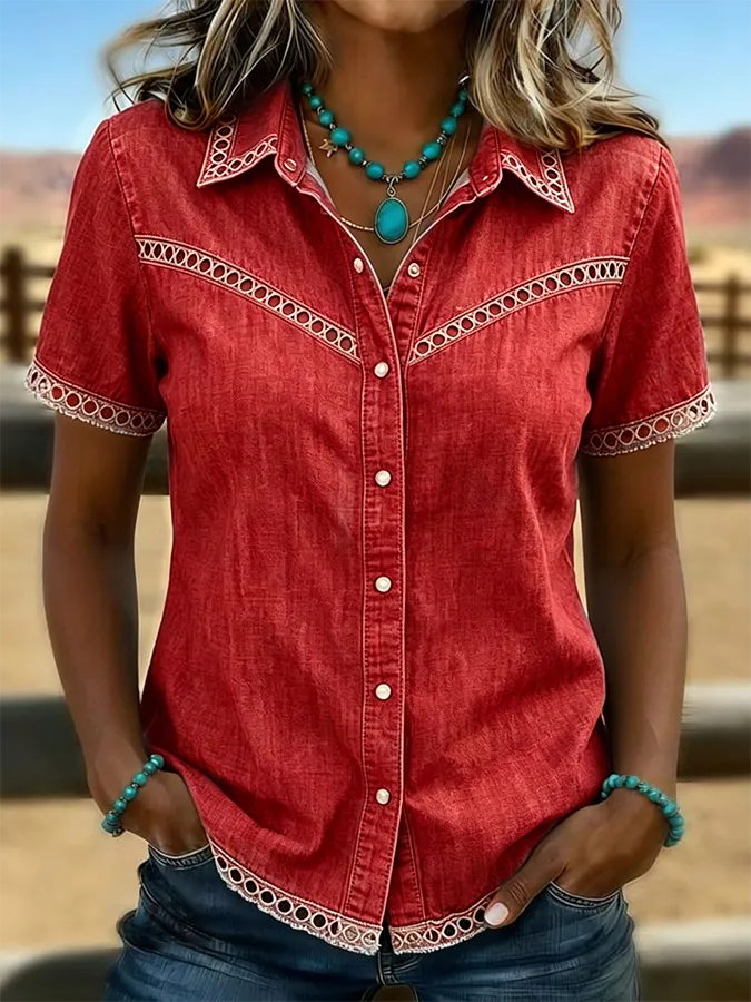 Women's Western Style Retro Solid Color Casual Hollow Denim Shirt