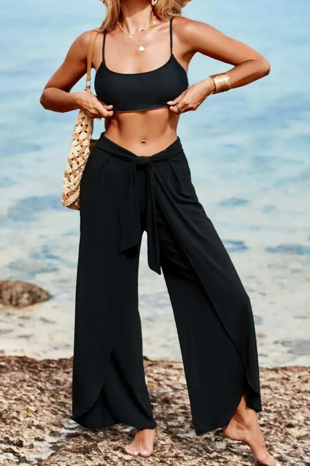 Knotted Waist Split Leg Relaxed Pants