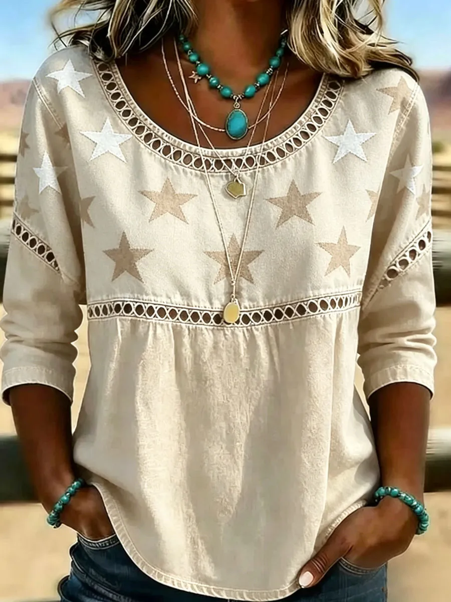 Women's Casual Round-Neck Printed Cotton-Linen Top