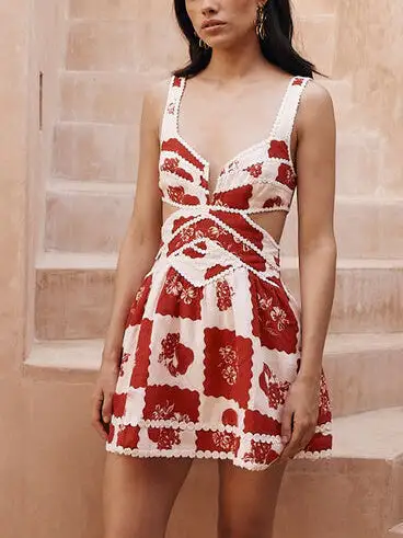 Floral Decorative Unique Print Neck Mini Dress