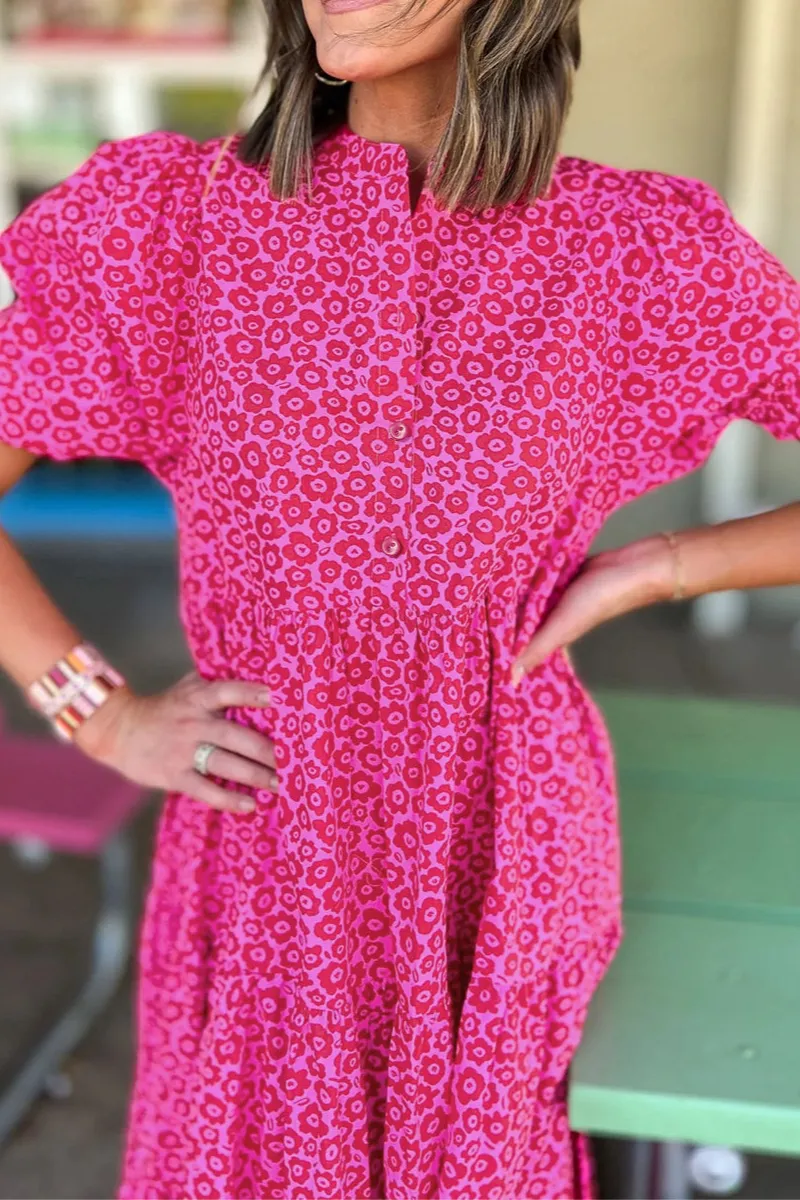 Rose Red Flower Mock Neck Puff Sleeve Tiered Maxi Dress