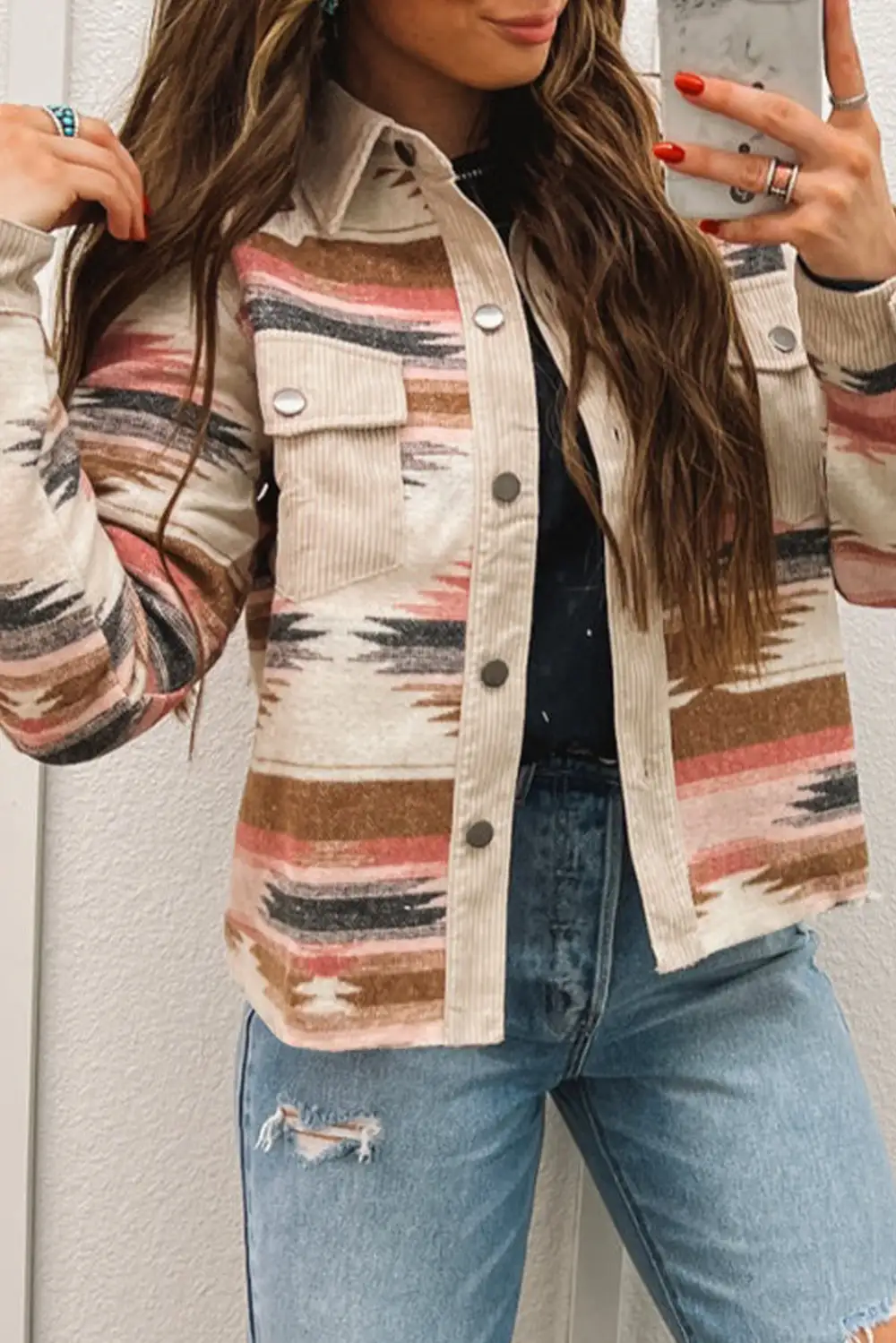 Western Aztec Striped Patchwork Double Flap Pocket Raw Hem Shirt Jacket