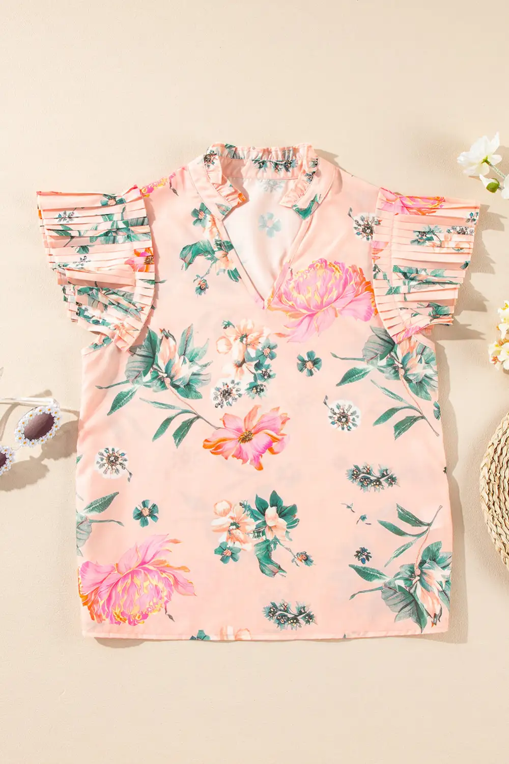 Floral Frilled Pleated Blouse