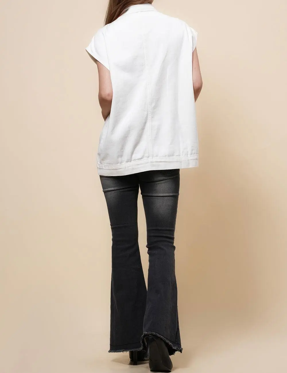 Button Front Turndown Collar Sleeveless Denim Vest