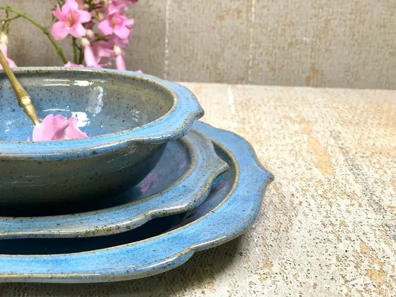 Blue dinnerware set.