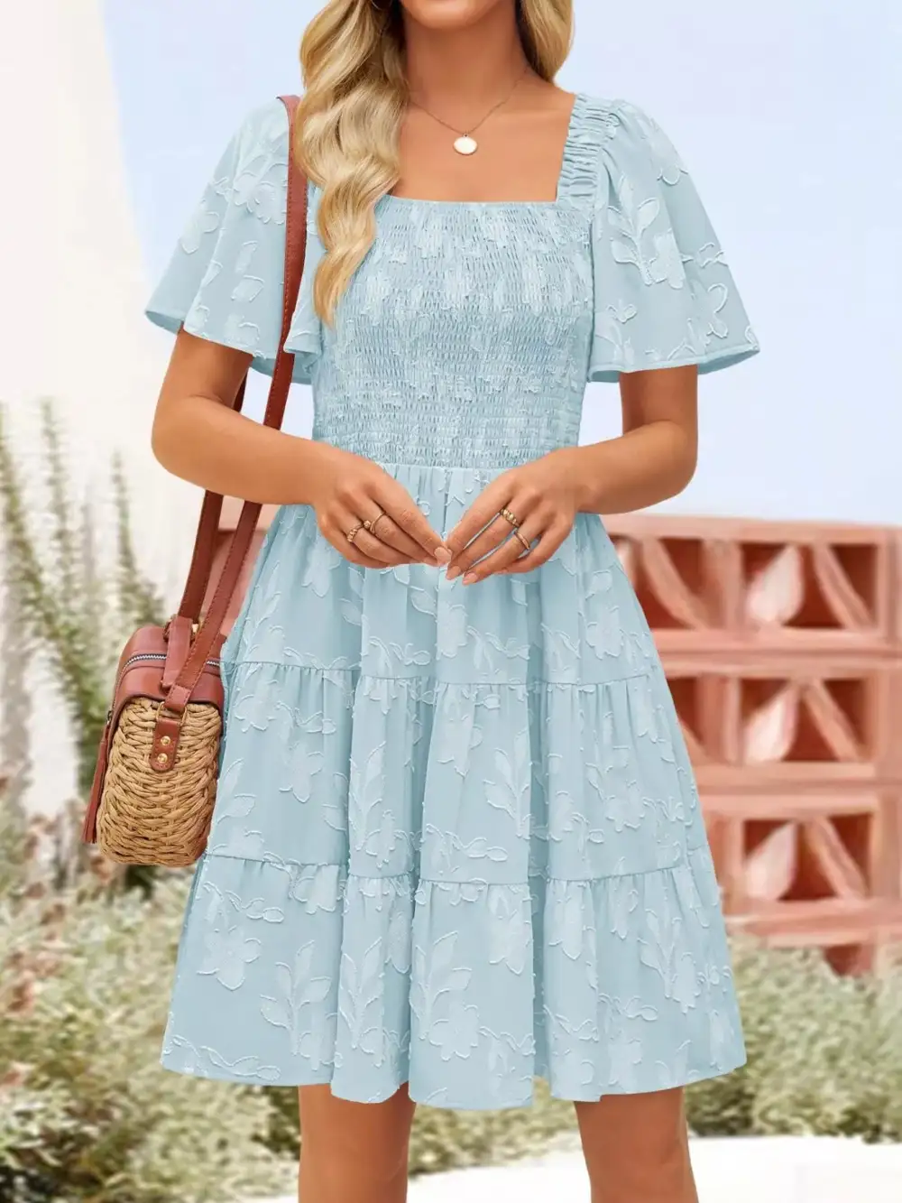 Square Neck Tiered Smocked Mini Dress