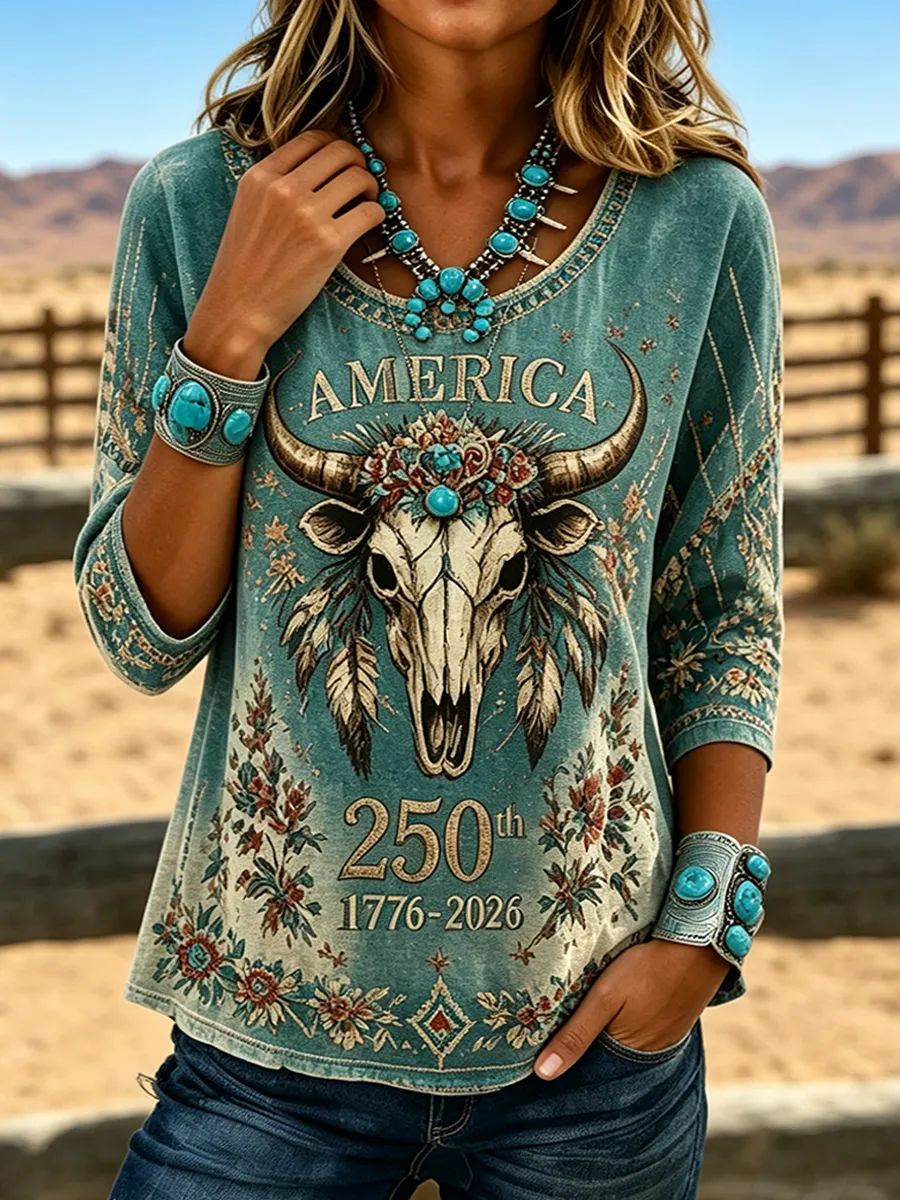 Women'S American 250Th Retro Western Art Printed Casual Top