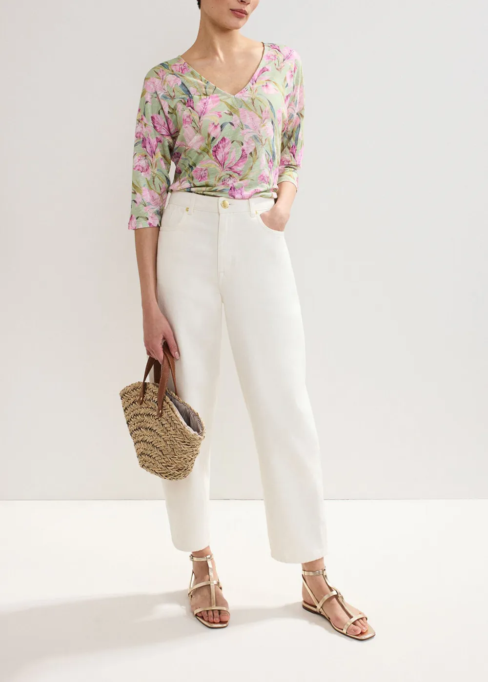Smooth Linen Art Print V-Neck Top
