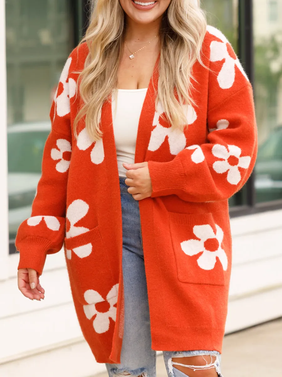Flower Patterned Red Sweater Cardigan