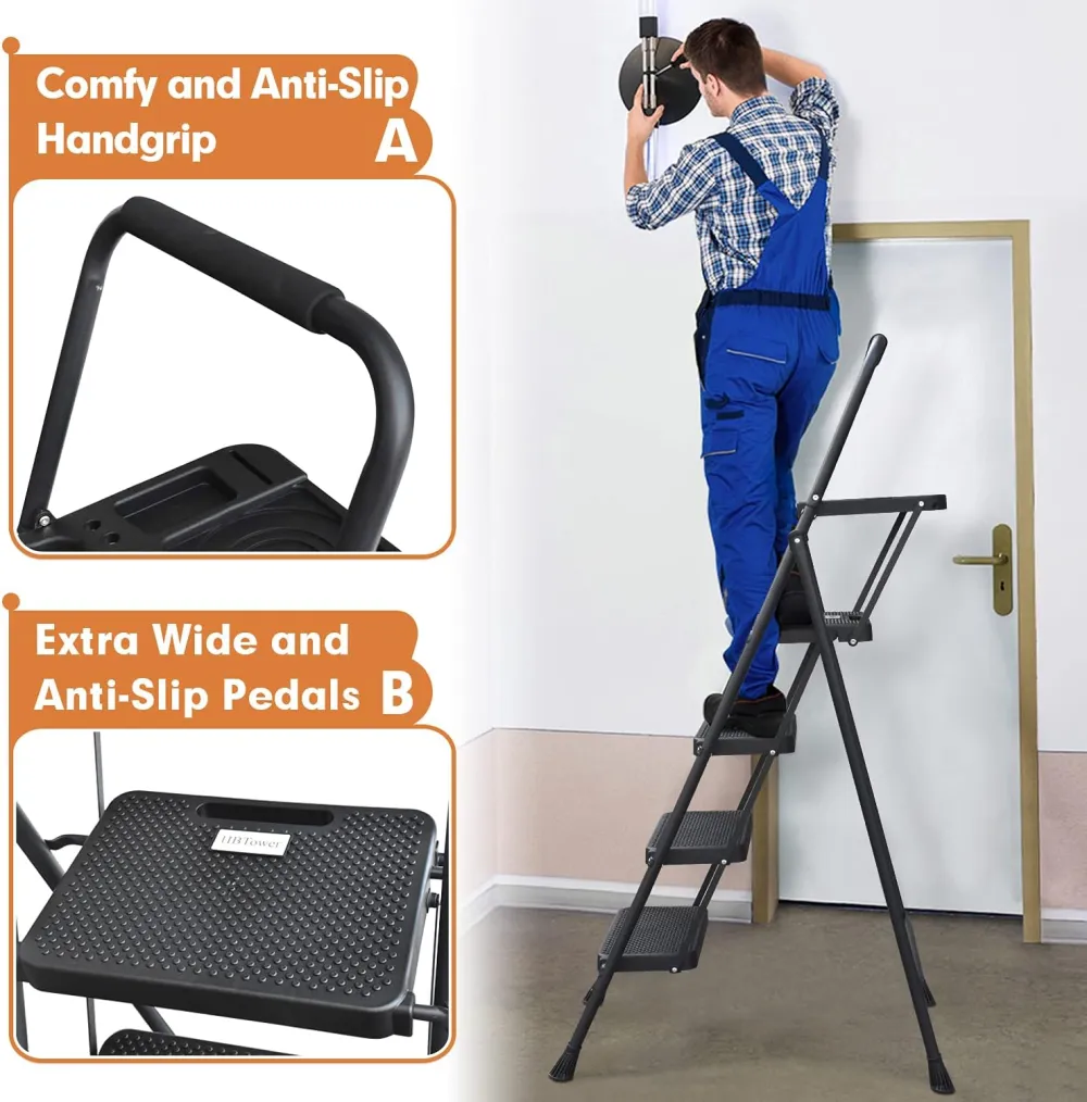 3 Step Ladder, Folding Step Stool with Wide Anti-Slip Pedal, 500lbs Sturdy Steel Ladder, Convenient Handgrip, Lightweight, Portable Steel Step Stool, Black