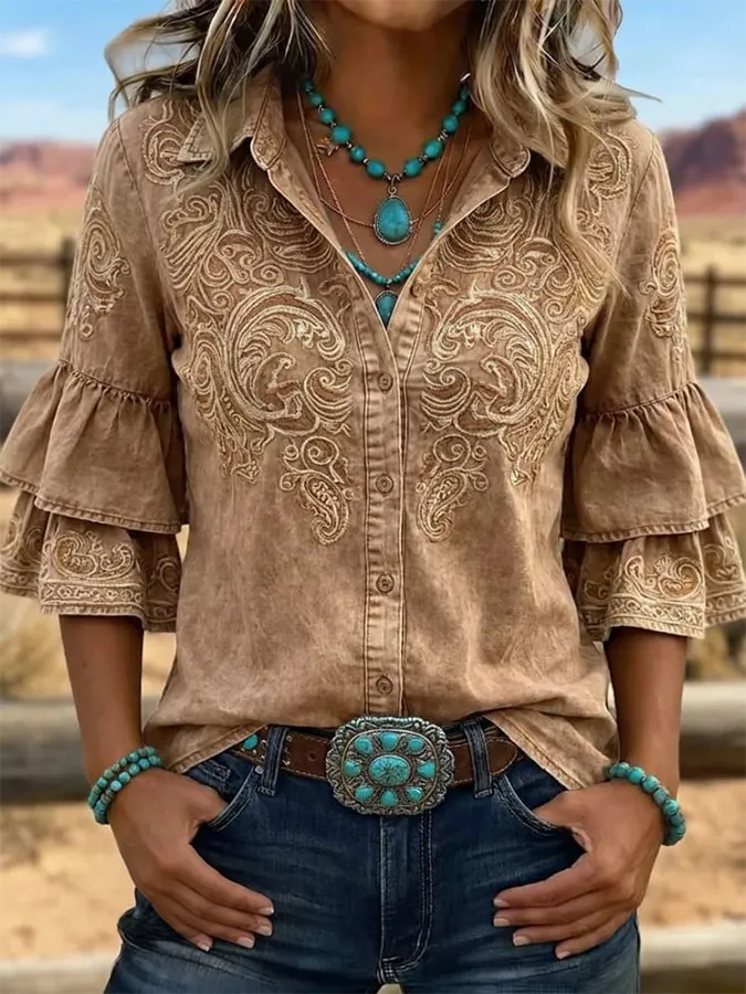 Women's Vintage Floral Print Casual Ruffle Lapel Shirt