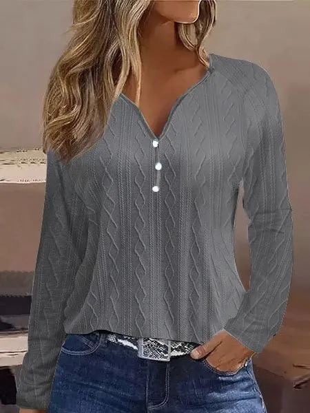 Casual Plain V Neck Long Sleeve T-shirt